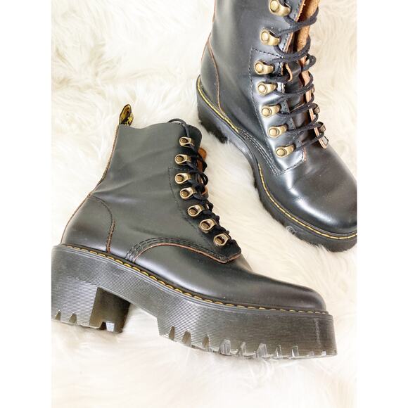 DR MARTENS Leona Heeled Platform Combat Boots Black 7 - Picture 4 of 10